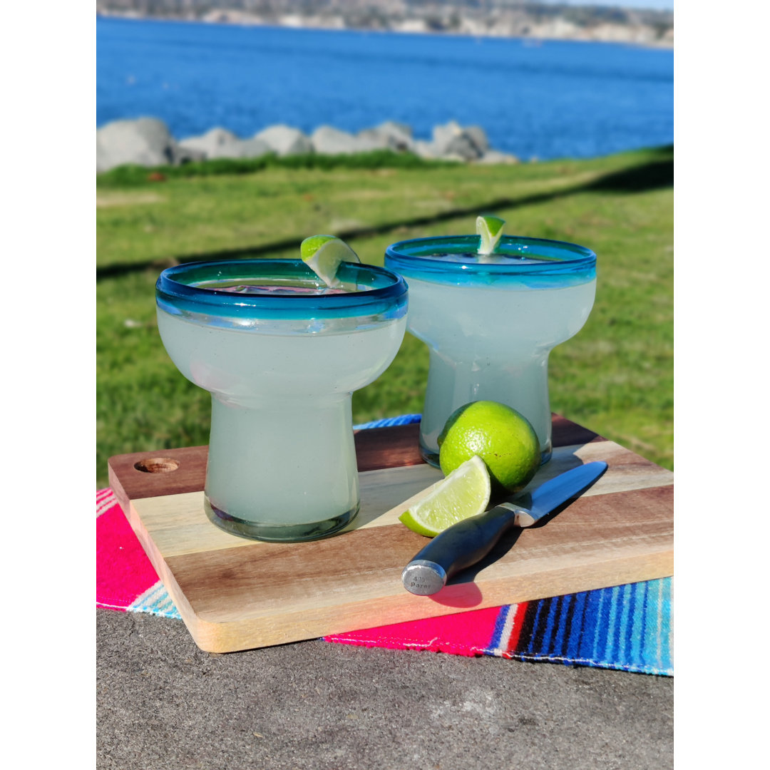 Mexican Hand Blown Glass - Hand Blown Stemless Blue Rim Margarita Glasses (14oz)